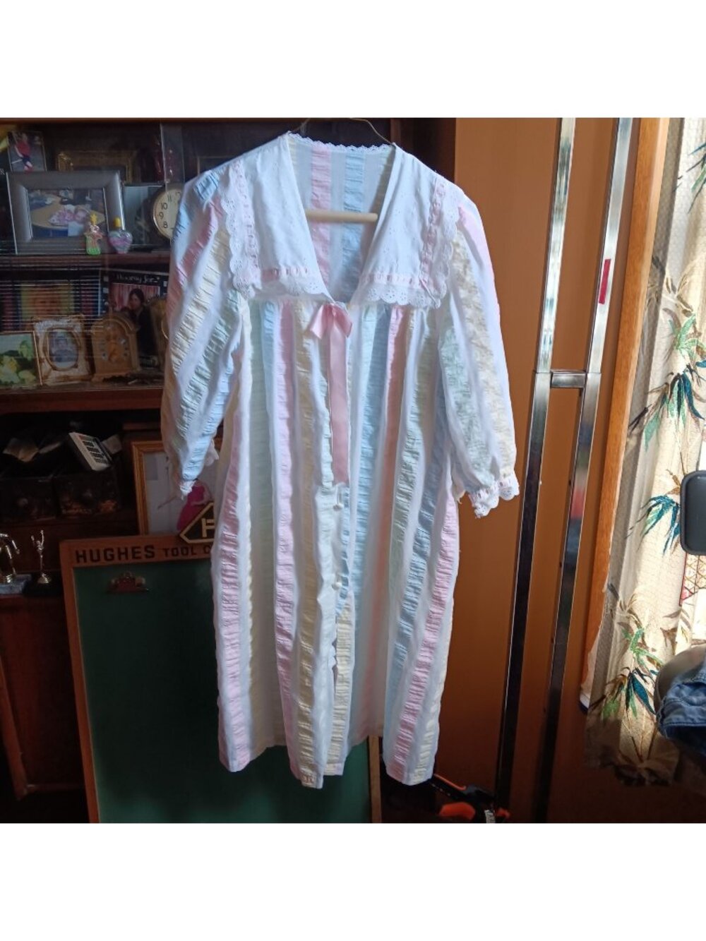 Small Vintage 80s Pastel Striped Granny Nightgown pink Bow By Lorraine USA